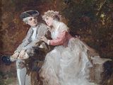 tableau représentant un homme et une femme assis sur un banc dans un parc