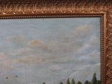 a painting on the wall of a building with a boat in the water