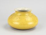 a yellow vase sitting on a table with a white background