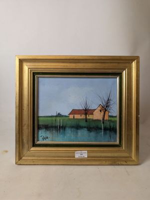 tableau à l'huile encadré représentant une scène de campagne avec un étang et une grange