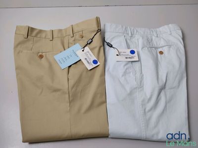 two pairs of men ' s khaki pants with tags on them