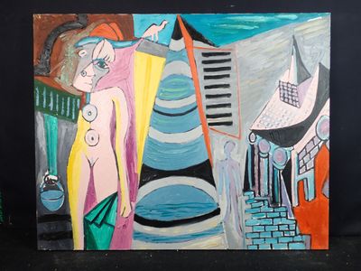 un tableau représentant une femme debout devant un immeuble