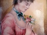 a painting of a woman holding a basket of flowers