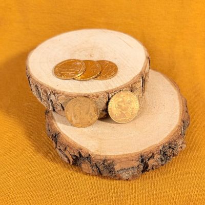 two coins sitting on top of a piece of wood