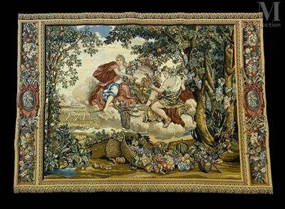 an image of a tapestry with a picture of a man and a woman on a swing