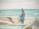 a watercolor painting of a man standing on the beach