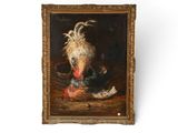 un vieux tableau représentant un coq tenant un oiseau mort dans son bec