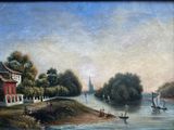a painting of a river scene with boats on the water