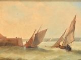a painting of a group of sailboats in the water