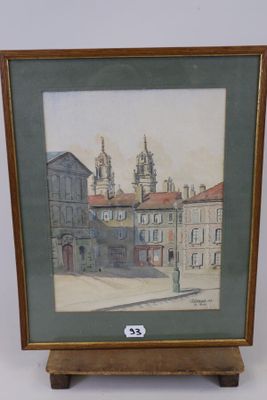 tableau représentant une scène urbaine avec une tour horloge en arrière-plan