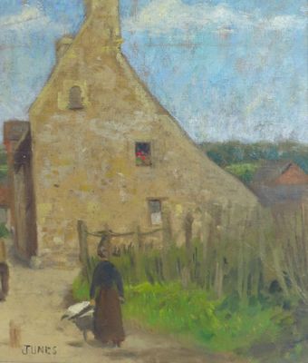tableau représentant une femme marchant sur un chemin de terre devant un bâtiment en pierre