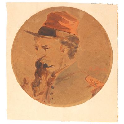 portrait d'un homme coiffé d'un chapeau et fumant la pipe