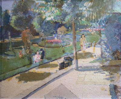 a painting of people in a park on a sunny day
