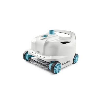 un robot nettoyeur de piscine muni d'une poignée bleue et blanche