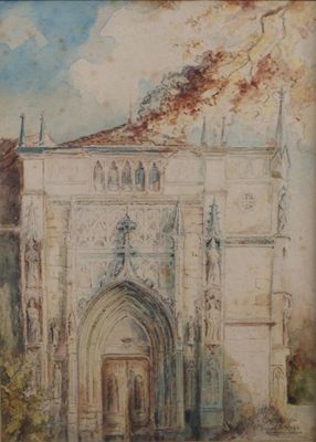 tableau représentant un vieux bâtiment avec une horloge sur sa façade