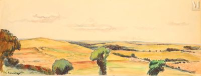 tableau représentant deux vaches paissant dans un champ, avec le ciel en arrière-plan