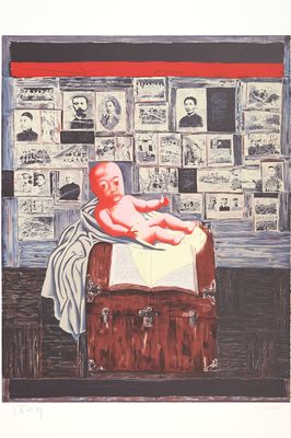 an image of a painting of a baby laying on a chest