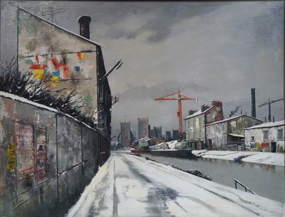 tableau représentant une rue urbaine enneigée, avec des bâtiments et une rivière