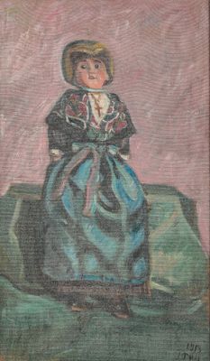 une peinture à l'huile représentant un enfant en robe bleue assis sur une couverture verte