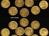 a collage of gold coins with a black background