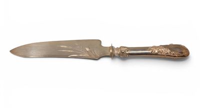an antique silver plated knife on a white surface with a white background