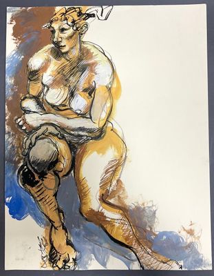 Miguel ALCALA (XXe), Nu féminin assis, Gouache et pastel sur…