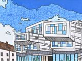 un dessin représentant un bâtiment avec de nombreuses fenêtres