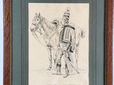 framed drawing of a man on a horse with a man on a horse in the background