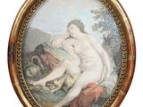 un tableau ovale représentant une femme nue assise sur un rocher