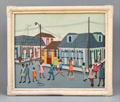 peinture d'un groupe de personnes marchant dans une rue devant un bâtiment