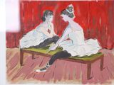 painting of two women sitting on a bench in front of a red wall