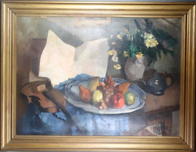 a painting of a bowl of fruit and flowers on a table
