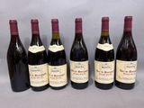 six bouteilles de vin sont alignées sur une table
