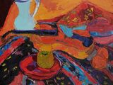 a painting of a pitcher and a plate on a table
