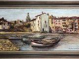 a picture of a painting of boats on the water