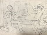 drawing of a man and woman sitting on a couch in a living room