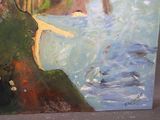 a painting of a woman walking on a path by the water