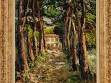 un tableau représentant un sentier traversant une forêt, avec une maison au loin