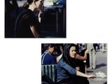 deux photos d'une femme assise sur un banc en train de parler au téléphone portable