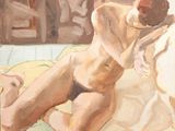 a painting of a nude woman laying on a bed