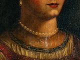 portrait of a woman in a red dress with a pearl necklace