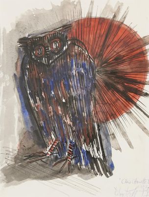 tableau représentant un hibou perché sur une branche, avec un soleil rouge en arrière-plan