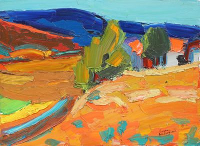 une peinture à l'huile représentant un paysage coloré avec un bateau sur la rive