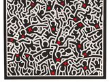 un dessin en noir et blanc parsemé de points rouges