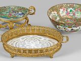 three chinese porcelain bowls and a bowl with handles