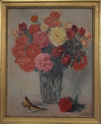 a painting of flowers in a vase on a table