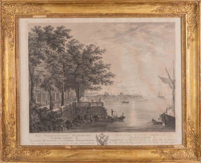 painting of a view of a river with a boat in the foreground