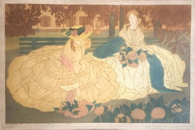tableau représentant deux femmes assises sur un banc dans un parc
