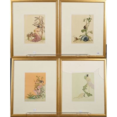 quatre tableaux asiatiques encadrés représentant des oiseaux et des fleurs sur fond blanc