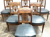 set of six antique dining chairs with blue upholstered leather seats